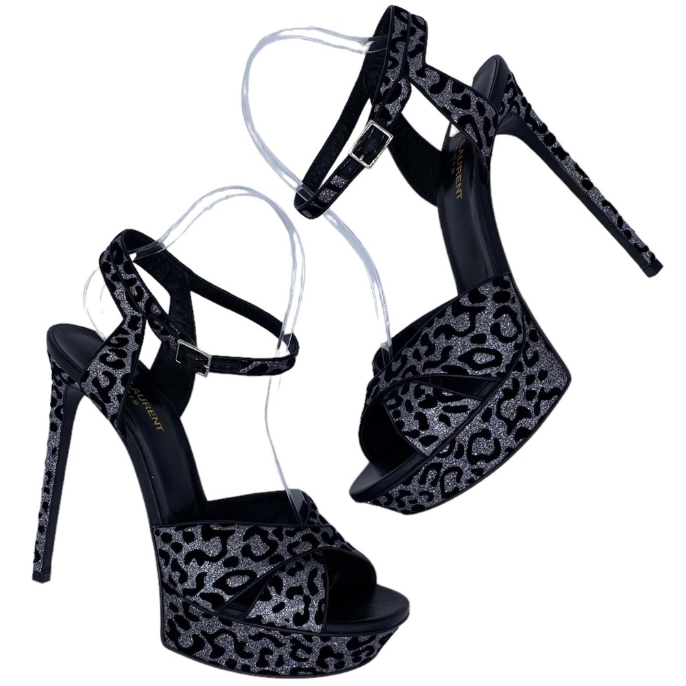 Yves Saint Laurent Paris Sandal Glitter Silver Leopard Leather Stiletto Size 10